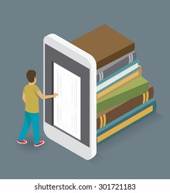 Conceito de Educação. Porta para o conhecimento. Vetor 3d plana isométrica com estudante está abrindo a porta