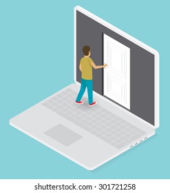 Education Concept. Door to the knowledge. Vector 3d flat isometric with student is opening the door