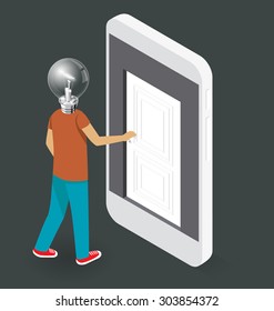 Education Concept. Door to the knowledge. Vector 3d flat isometric with student is opening the door