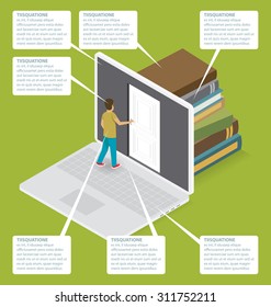 Concepto de educación. Puerta al conocimiento. El vector 3d isométrico plano con el estudiante está abriendo la puerta