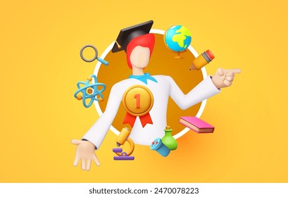 Education concept. E-learning design with boy student and symbols of sciences
