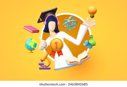 Education concept. E-learning design with girl student and symbols of sciences