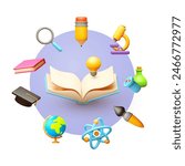 Education concept. E-learning design with open book and symbols of sciences.