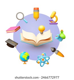 Education concept. E-learning design with open book and symbols of sciences.