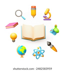 Education concept. E-learning design with open book and symbols of sciences