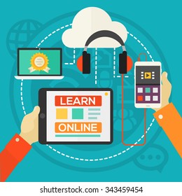 Education Concept - E-learning. Flat style vector illustration online web banner