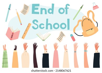 Education concept. End of school. Graduates throw school objects into the air. Flat style. Vector illustration.