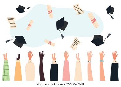 Education concept. End of school. Graduates throw graduation caps in the air.Flat style. Vector illustration.