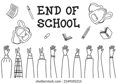 Education concept. End of school. Graduates throw school objects into the air. Vector illustration.Doodle style.