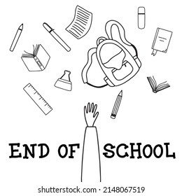 Education concept. End of school. A schoolboy throws school objects into the air. Doodle style. Vector illustration.