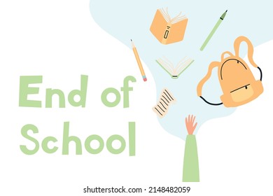 Education concept. End of school. A schoolboy throws school objects into the air. Flat style.