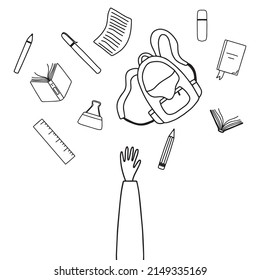 Education concept. End of school. A schoolboy throws school items in the air. Doodle style. Vector illustration. Back to school.