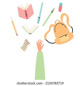 Education Concept. End Of School. A Schoolboy Throws School Items In The Air. Doodle Style. Vector Illustration. Back To School.