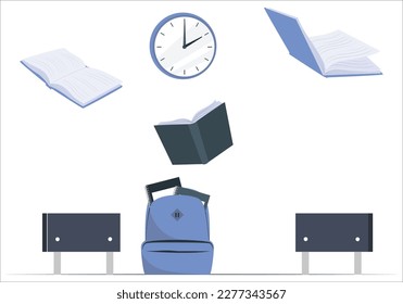 Education concept. End of school. A schoolboy throws school items in the air. Doodle style. Vector illustration. Back to school.