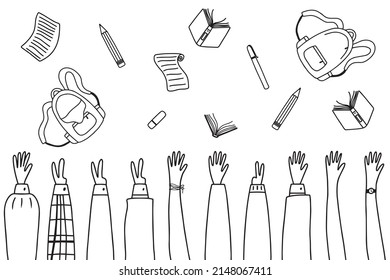 Education concept. End of school. Schoolchildren throw school objects into the air. Doodle style. Vector illustration.