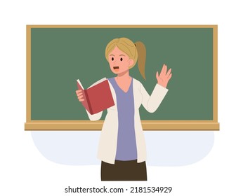 education concept. Female teacher is teaching. teacher is reading a book in front of chalkboard.Vector illustration.