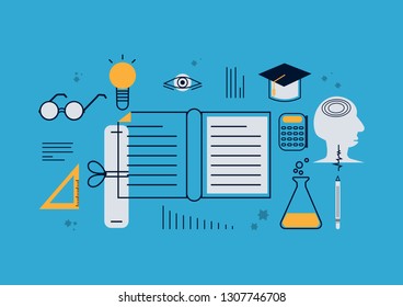 Education Concept, Flat design vector illustration concepts of learning. open book Science laboratory research with glasses,ruler,pencil. learn to think goal Congratulation on blue background. Vector