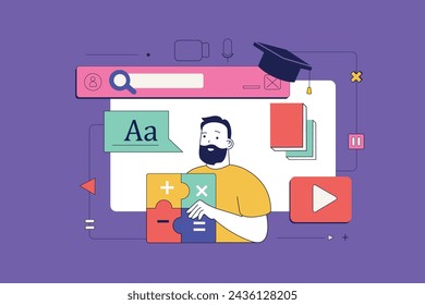 Concepto de educación en diseño neo brutalismo plano para web. Estudiante que estudia en cursos en línea, tutoriales de aprendizaje en clase universitaria. Ilustración vectorial para banner de redes sociales, material de marketing.