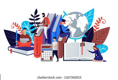 Education concept in flat style. Vector illustration people learn and gain knowledge. The creative design of the schedule students learn on books. Modern vector for banners, websites, brochures