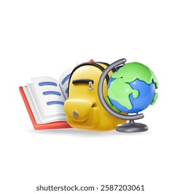 Education concept Geographic class 3d icon. Back to school cartoon design isolated. Yellow backpack, globe and book Geography learning illustration.