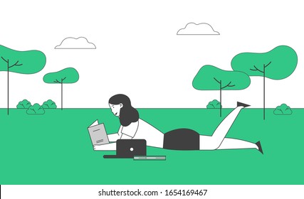 Education Concept. Girl Lying on Grass Reading Book in School, College or University Front Yard. Student Back to School. Female Character Gaining Knowledge. Cartoon Flat Vector Illustration Linear