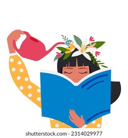 Concepto de educación. La niña está leyendo un libro mejorando sus habilidades mentales. Salud mental de una mujer en estado meditativo. Vector.