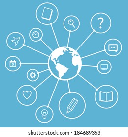 Education Concept with Globe and Icons. Vector flat infographic