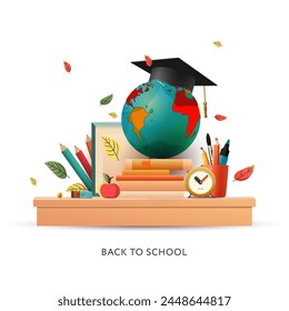 Education concept, a globe of the world with textbooks and a college graduate's cap, design elements isolated on white background, vector illustration