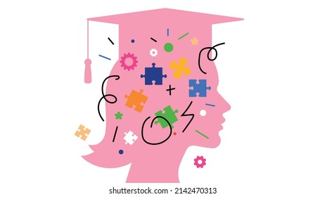 Education concept and graduate mental health. Female student with colorful elements inside his head. Vibrant puzzle, gears, scribbles. Modern abstract illustration for cover, poster, banner.
