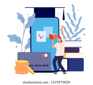 Education concept. Graduate online courses, part time learning. Creative studying, young business boy has ideas vector illustration