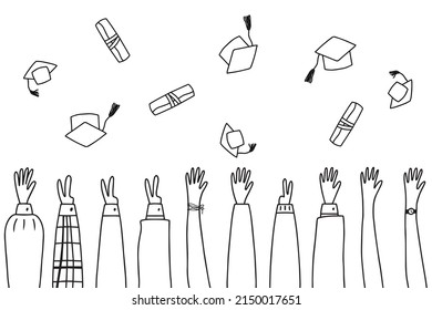 Education concept. Graduates toss their graduation caps in the air.Doodle style.