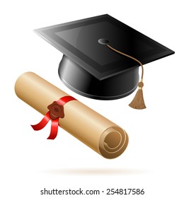 Education concept - Graduation Cap and Diploma. Vector isolated on white background.