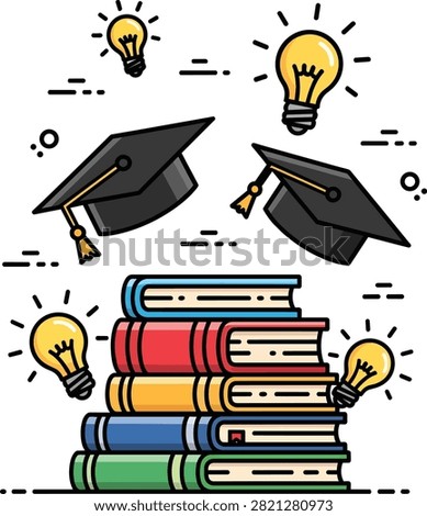 Education Concept Graduation Caps and Books with Idea Light Bulbs