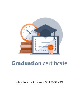 Education Concept, Graduation Hat, Diploma And Clock, Degree Certificate, Accomplishment, Vector Illustration