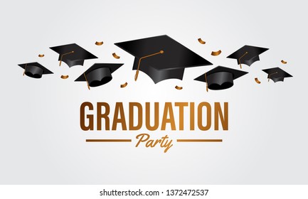 education concept graduation party banner with group cap and golden confetti with golden text for academy collage. Vector illustration