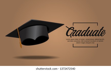 education concept graduation party banner realistic cap with shadow and brown background banner poster design. Vector illustration