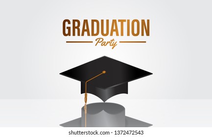 education concept graduation party banner with realistic black cap with reflection for academy collage student. Vector illustration