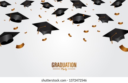 education concept graduation party banner with cap and golden confetti falling poster banner design for academy collage. Vector illustration