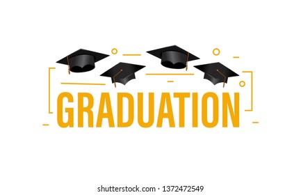 education concept graduation party banner with cap and outline decoration for collage academy. Vector illustration