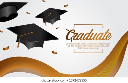 education concept graduation party banner with cap and golden banner silk with confetti for collage academy. Vector illustration