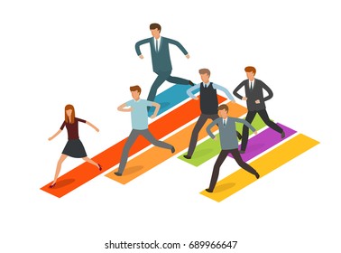 Education concept. Group of business people or students running to the goal. Infographics vector illustration