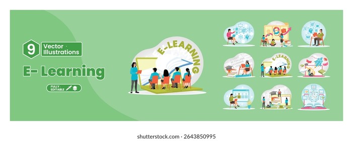 Conceito de educação. Um grupo de ilustrações que descreve atividades de e-learning, ensino e aprendizagem. Mega set.