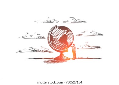 Education concept. Hand drawn man near world globe. Person near Earth symbol isolated vector illustration.