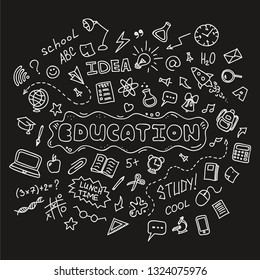 Education Concept. Hand Drawn School Doodles Icons Set On Black Board. Vector Illustration. 