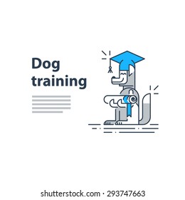 Education concept, happy learning, graduation hat, study degree, dog training courses, vector linear illustration