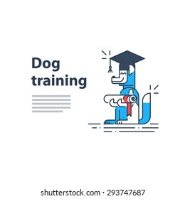 Education concept, happy learning, graduation hat, study degree, dog training courses, vector linear illustration