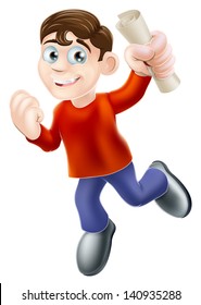 Education concept of a happy smiling man jumping in the air holding a scroll diploma or other pass certificate with hand in a fist