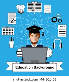 Education concept with high school student and education icons. Search, reading, listening, writing,time management, analysis, thinking, idea generation, and creation. Atomic structure imitation
