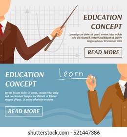 Education concept horizontal banners with teacher pointer and text in flat style vector illustration