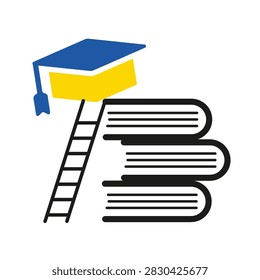 Education concept icon. Graduation cap on a ladder leading to a stack of books. Academic success, learning and knowledge growth symbol. Minimalist flat vector illustration isolated on white backgro